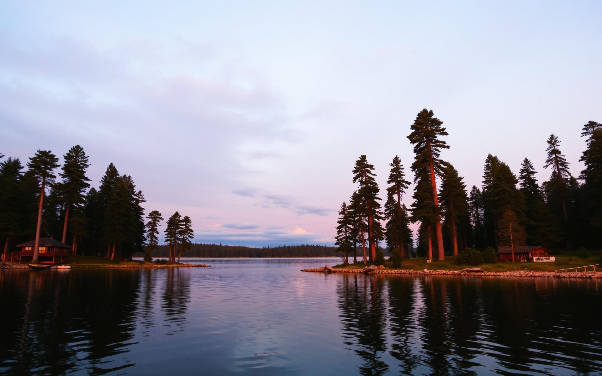 Northern Michigan lake cottage among tall pines at dusk